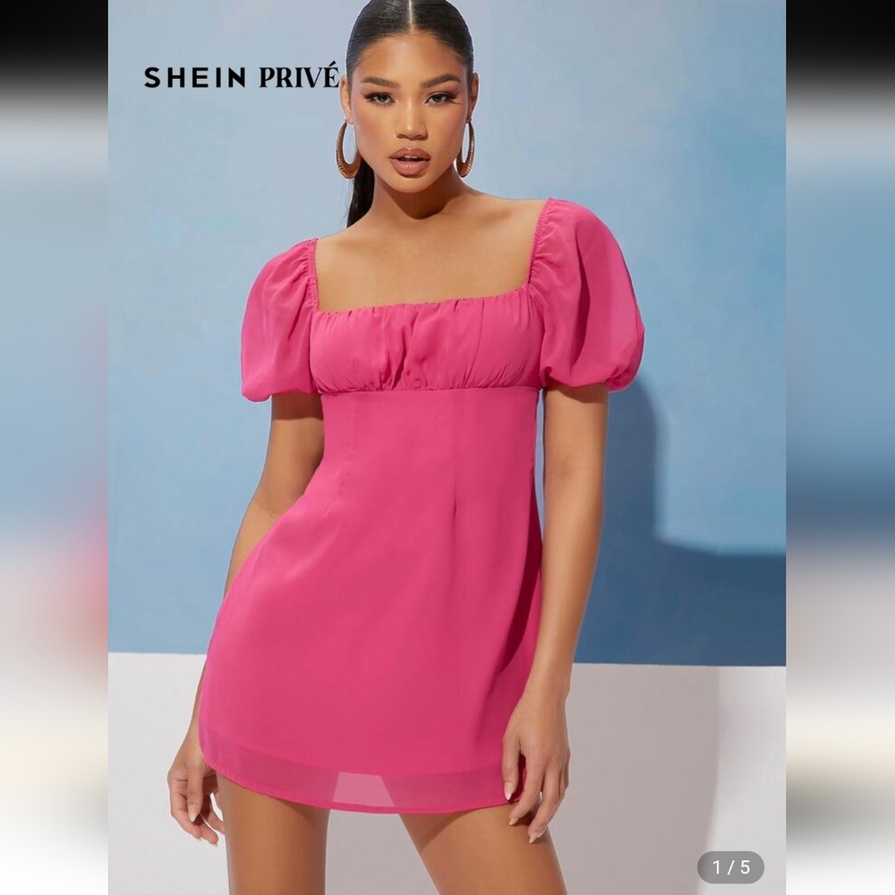 Shein Barbiecore Hot Pink Barbie Puff Sleeve Party Mini Dres Size Medium